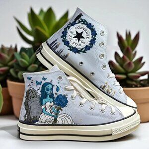 Tim Burton Corpse Bride Embroidered Converse Shoes Gothic Wedding Sneakers W9/M7